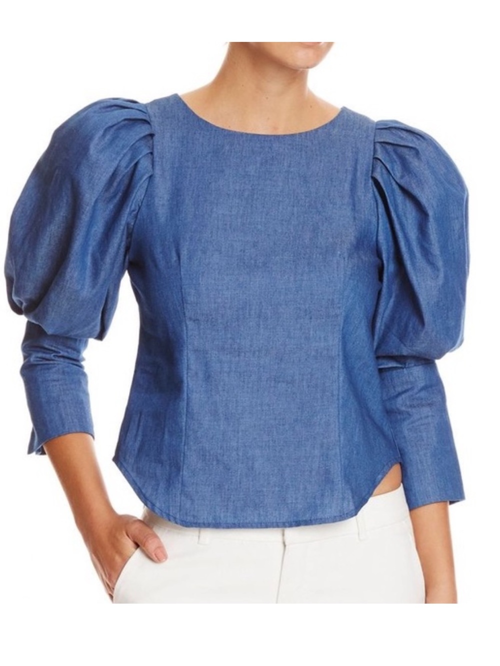 Gracia Women Top Small Blue Puff-Sleeve Denim Blouse Romantic Feminine Statement